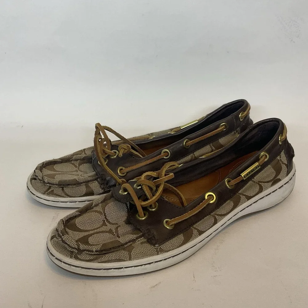Coach Richelle‎ Topsider Boat Shoes Canvas Leather brown Womens Size 7B Monogram